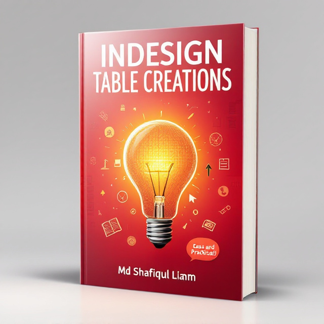 The cover features a large light bulb at the center, symbolizing ideas and creativity. Inside the light bulb, there's a detailed table design, etched with fine, grid-line patterns. Around the bulb are small, scattered icons such as an open book, pencil and ruler, a magnifying glass, a checkmark, a flowchart, and a mouse pointer, all orbiting the bulb in a circular pattern. The background is a gradient of red fading into white, with faint overlapping table patterns in the backdrop to reinforce the InDesign theme. A speech bubble with the text “Easy and Practical!” is subtly placed at the bottom right corner.