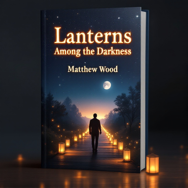A silhouette of a person walking on an illuminated pathway surrounded by lanterns, set against a serene background of stars and a faint moon. The lanterns emit warm, golden light, contrasting with the cool shades of the surrounding night. The path fades into the horizon, suggesting an infinite journey toward peace and freedom. Vibrant streaks of light emerge from the lanterns, symbolizing joy and escape from darkness.