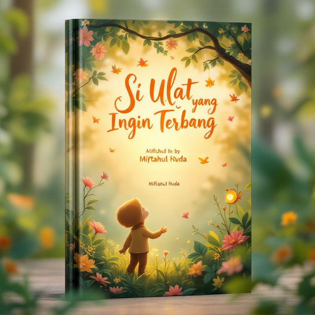 The cover features a scenic depiction of a quiet forest under a warm, golden sunset. In the foreground, a hopeful-looking ulat kecil (Lilo) gazes upward at colorful kupu-kupu soaring amidst blossoms and leafy branches overhead. A glowing kepompong hangs on a sturdy tree branch, emanating soft golden light. Surrounding Lilo are vibrant green leaves, delicate flowers in pink and yellow hues, and a sense of gentle wind sweeping through the scene.