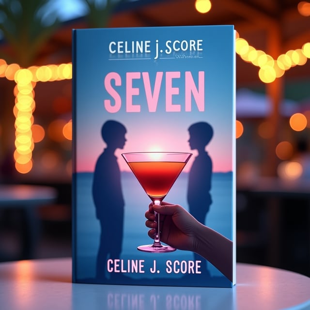 The cover features a serene outdoor bar scene at sunset. Dominant hues of soft blue blend into warm pink tones, evoking a light and playful summer vibe. Treetops are adorned with glowing fairy lights, giving a whimsical charm. A blurred yet distinguishable silhouette of a boy wearing a beanie stands in the background, adding intrigue and mystery. In the foreground, crisp focus is placed on a stylish hand holding an espresso martini, the highlights from the drink picking up the fairy lights’ glow. The overall ambiance feels inviting, youthful, and fun.