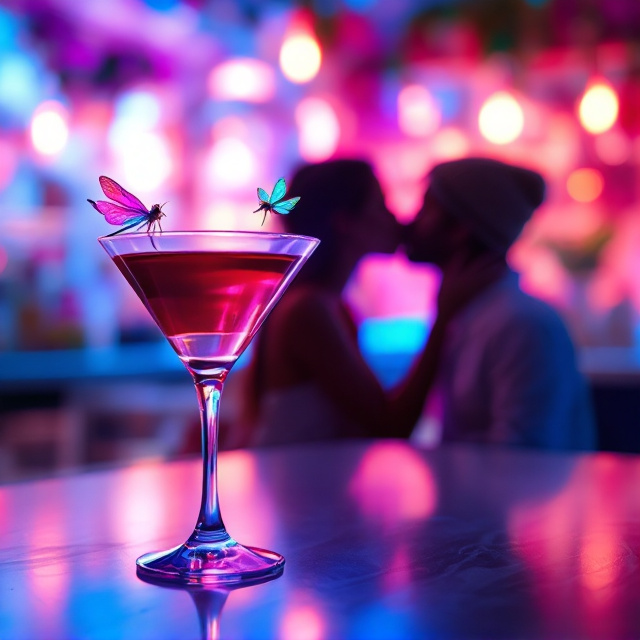 A dreamy, romantic bar setting with pastel pink and blue lighting casting a soft glow. In the foreground, there’s an elegant espresso martini glass placed on a glossy bar counter. Perched delicately on the rim of the glass is a vibrant and colorful dragonfly with intricate details. In the background, slightly blurred to create depth of field, is a boy wearing a knitted beanie leaning in to kiss a girl. Their silhouettes create a tender moment filled with summer nostalgia. The entire scene is bathed in warm, soft light to evoke romance and fun.