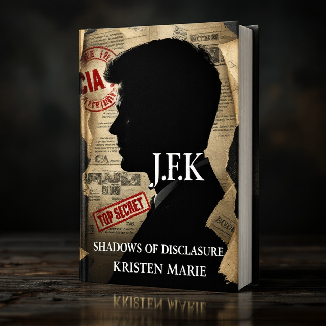 A dark and moody cover dominated by a shadowy silhouette of John F. Kennedy’s profile, partially obscured by torn paper edges revealing a top-secret CIA document stamp in bold red. In the background, faint archival photos blend with cryptic blacked-out text. A sepia-tinted American flag ripples in subtle detail near the bottom, adding a historic tone. Around the edges of the cover, mysterious shadows seem to creep inward, creating a sense of intrigue.