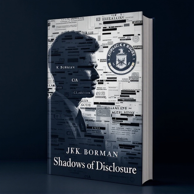 A shadowy, abstracted silhouette of JFK positioned on the left side, partially obscured by layers of heavily redacted black-and-white CIA documents. The redacted sections have bold black lines, and faint "classified" stamps are scattered throughout, adding texture to the background. In the upper right corner, an intentionally faded CIA emblem hovers, veiled by dark shadows. The bottom of the cover fades into deep navy blue tones, creating a gradient that accentuates the mysterious atmosphere.