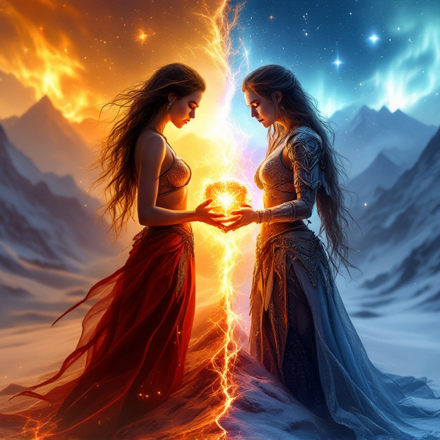 Sahara and Raelin stand back-to-back, dominating the center of the cover. The left side features Sahara, shrouded in the stark golden light of the desert with rippling dunes extending toward the blazing sun. Her chainmail bikini armor gleams faintly, with glowing red embers encircling her hands like a fierce aura. On the right side, Raelin is encased in frost armor, standing tall against a backdrop of snowy mountains where the aurora sky paints icy blue hues. Between them, the Hearthstone floats centrally in a glowing display of fire, ice, light, and shadow—its cracks emphasized by radiant bursts of energy. The background is split diagonally, seamlessly transitioning between the desert and frozen mountain range.
