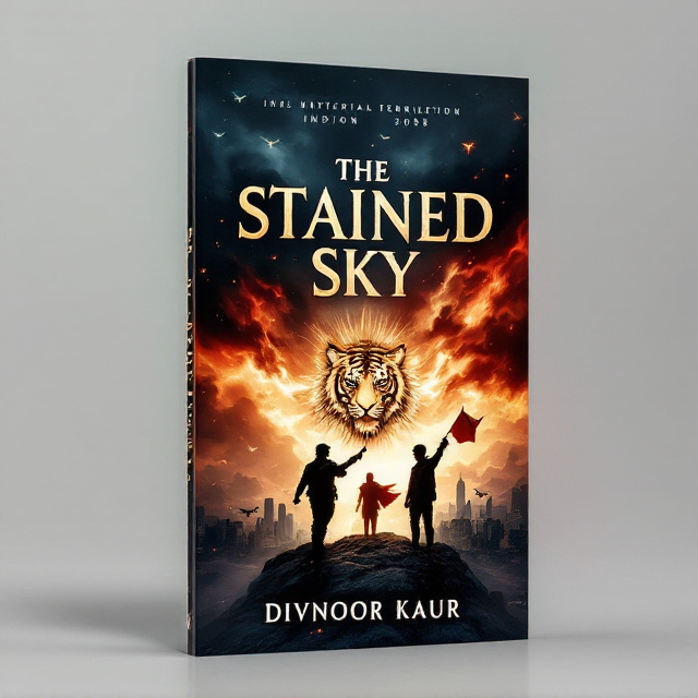 A dark, stormy sky dominates the upper half of the book cover, stained with streaks of deep reds and blacks, signifying rebellion and war. Silhouettes of two opposing figures – one in military gear (symbolizing the army general) and the other holding a flag (symbolizing the rebel leader) – are positioned at the bottom-central part of the cover. Between them, shimmering faintly in gold, is the tiger insignia, displayed prominently like a banner of authority. Surrounding the figures, subtle futuristic elements such as holographic cityscapes and drones are incorporated into the background, hinting at the dystopian 2063 Indian setting.