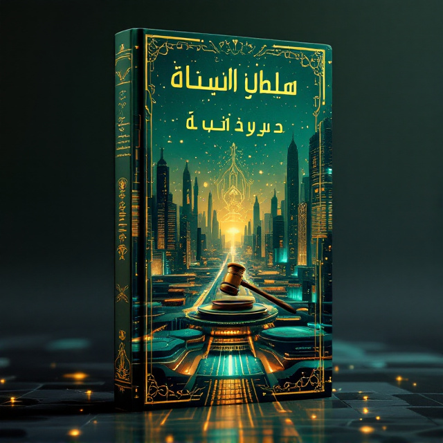 A central artwork features a grand, futuristic cityscape with intricate pathways and glowing, elevated streets. The foreground displays a judge's gavel subtly merged with the architecture, symbolizing the intersection of law and urban development. The muted tones of deep emerald and gold create a regal and dignified ambiance, with accents of silver lights representing advanced technology. Subtle Persian-inspired patterns are faintly etched into the sky above, giving a hint of cultural depth.