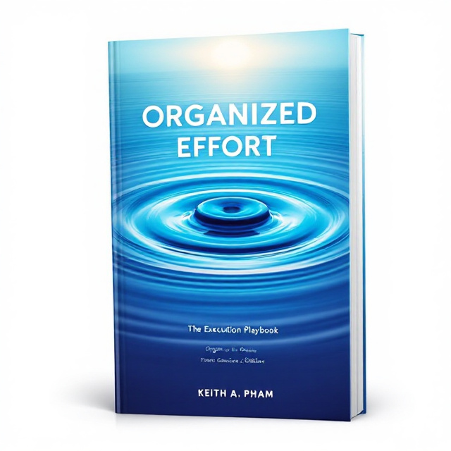 A serene water surface in a gradient of sky blue shades extending across the entire cover, with concentric water ripples pulsating outward from the center, symbolizing organized effort. Three distinct bands in varying blue tones intersect through the ripples, aligning horizontally near the bottom, signifying framework stages (Organize, Observe, Optimize). Above the ripples, a faint sunrise in the background adds an inspirational and hopeful vibe, blending subtly into the sky-blue palette.