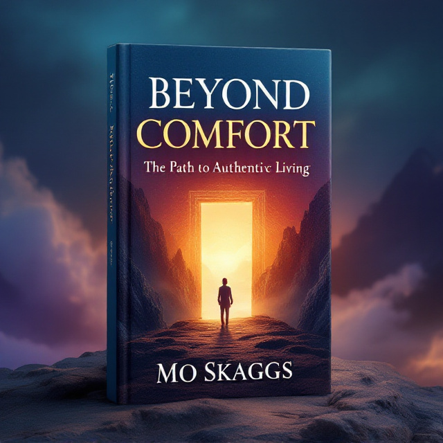A lone figure standing at the edge of a glowing doorway surrounded by a vast, rugged landscape, resembling the start of a mountain path that stretches toward the horizon. The background uses vivid gradient hues combining deep blues and purples that blend into golden tones, symbolizing mystery and transformation. Whispers of cloud-like textures and subtle light streams from the doorway evoke a sense of self-discovery and stepping beyond comfort.