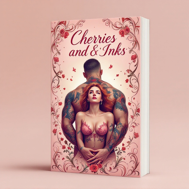 A soft pink background featuring elaborate tattoo-style swirls extending across the edges and corners of the cover. At the center is an illustration of a woman with delicate features; she gazes upward with a mixture of sweetness and vulnerability. Behind her stands a tattooed man whose arms are wrapped protectively around her waist, his broad frame shielding her from the swirling chaos depicted in the background. The swirls subtly morph into romantic elements like hearts, roses, and ink splashes. Soft, glowing light surrounds the couple, symbolizing their connection amidst a chaotic world.