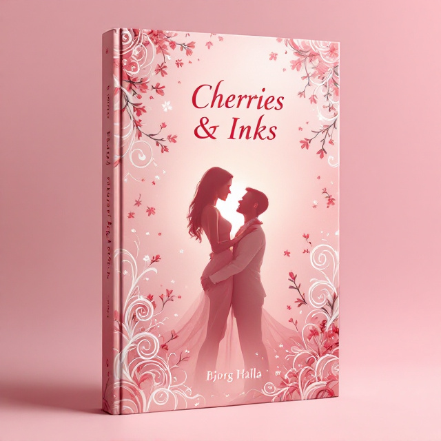 A soft pink background adorned with tattoo-like swirly patterns in white and silver that spread across the edges of the cover. In the center, a 3D-rendered couple in slight silhouette the man stands tall, holding the woman possessively yet tenderly—the woman smiles warmly, gazing upwards at him as if lost in wonder. A faint gradient creates a glow-effect around the couple to emphasize their passion and intimacy, with subtle cherry blossoms scattered throughout the cover.