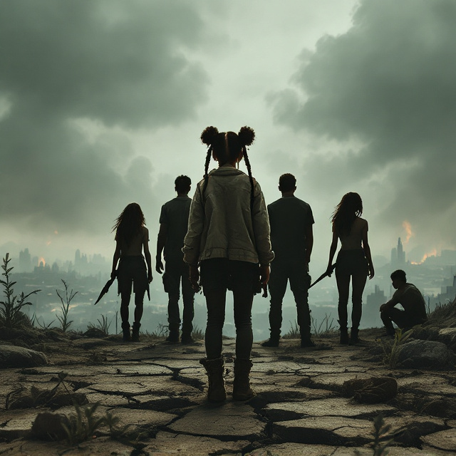 The cover showcases the silhouette of a brown-skinned girl with double braids tied into two space buns, standing at the center foreground. She wears a tattered jacket, her stance strong yet weary. On her right are three male silhouettes, their distinct postures reflecting their personalities—one leaning on a makeshift staff, another holding a blade in hand, and the third with arms crossed. On her left are two female silhouettes—one is crouched while the other holds an object resembling a rifle. Together, the group stands on a barren hill composed of cracked earth, overlooking the heartbreaking remains of a smoldering city below. The horizon is painted with greyish-green tones that blend into an ominous sky of dark rolling clouds with faint rays of light breaking through, symbolizing hope amidst despair. Sparse weeds grow in the cracked ground, hinting at resilience.