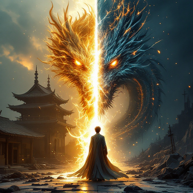 The cover is dominated by a fractured dual-world scene split diagonally, where the left side portrays the bright yet war-torn wooden architecture of the Hidden Leaf Village (木叶村) under a glowing dusk sky. The right half fades into the crumbled metallic ruins of the bronze city (青铜城), shrouded in cold, shadowy hues. At the center, the protagonist, 路明非, stands amidst a glowing time-space rift, his stance poised with the 村雨刀 wrapped in flickering black dragon shadows. His heterochromatic eyes (写轮眼 on the left, 黄金瞳 on the right) radiate intensity, piercing through the viewer. The burning 宇智波团扇 hovers low-right in the frame, while remnants of fallen 枫叶 swirl across the scene. Behind the character, a translucent fusion of the 木叶护额 and 卡塞尔校徽 serves as the backdrop emblem, framed against a rippling sky layered with dragon clan-script and the iconic writing of 写轮眼纹路. A dim, smoky border wraps the cover, pulling focus inwardly.