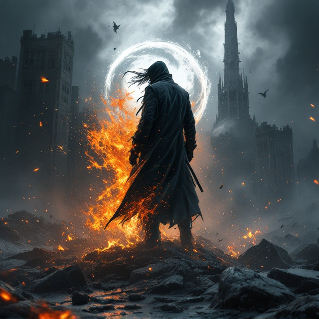 The cover features a dark, mysterious background with a central image of 路明非 standing in a shattering time-space rift. Split diagonally, the cover showcases 木叶村's iconic buildings on the left, bathed in dim, fiery hues, while 青铜城's metallic ruins dominate the right side, cloaked in cold gray tones. His wind-blown, carbon-black trench coat gradually morphs into smoldering ninja wrappings, blending flames with fabric. 他 wears fused 木叶护额与卡塞尔校徽 on his arm. 路明非's piercing异色双瞳—左眼写轮眼环绕着龙族古文裂痕，右眼闪烁深金的龙族黄金瞳—add an intense focal point. Behind him, an ominous 宇智波族徽 floats alongside the ghostly 七宗罪刀架虚影. The backdrop sky is an intricate overlay of swirling写轮眼纹路 and 龙族古文结界. Surrounding him,燃烧的枫叶 scatter across the ground, mingling with查克拉光晕 and黑炎 as jagged裂痕 spread across the earth.