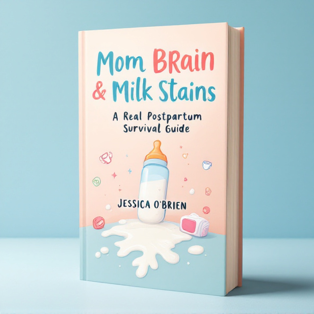 A playful illustration of a baby bottle tipped over, spilling milk onto a table. Surrounding the milk stains, there are subtle drawings of relatable objects, such as diapers, pacifiers, and baby wipes, blended seamlessly into a light pastel background. The title appears above the illustration, while the author’s name is at the bottom, with soft accents of pink and blue for additional warmth.
