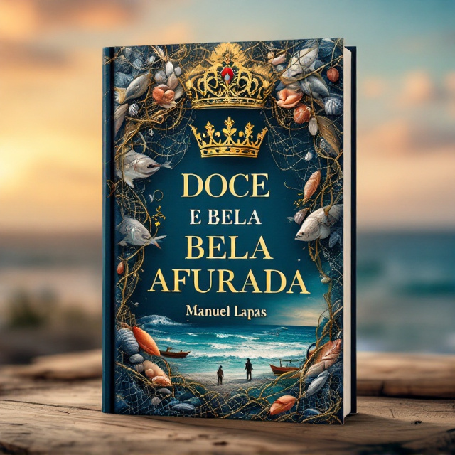 The central element of the composition is a regal, intricate queen's crown framed at the top of the book cover. Below the crown, overlapping elements include an artful arrangement of fishing nets, delicately tangling with a composition of fish and seashells. In the background, a serene oceanscape stretches across the cover in gradient tones of sea blue, transitioning to a soft golden hue, simulating sunrise or sunset. Silhouettes of fishermen and wooden fishing boats are positioned near the bottom, emphasizing the maritime theme while giving a sense of movement and life.