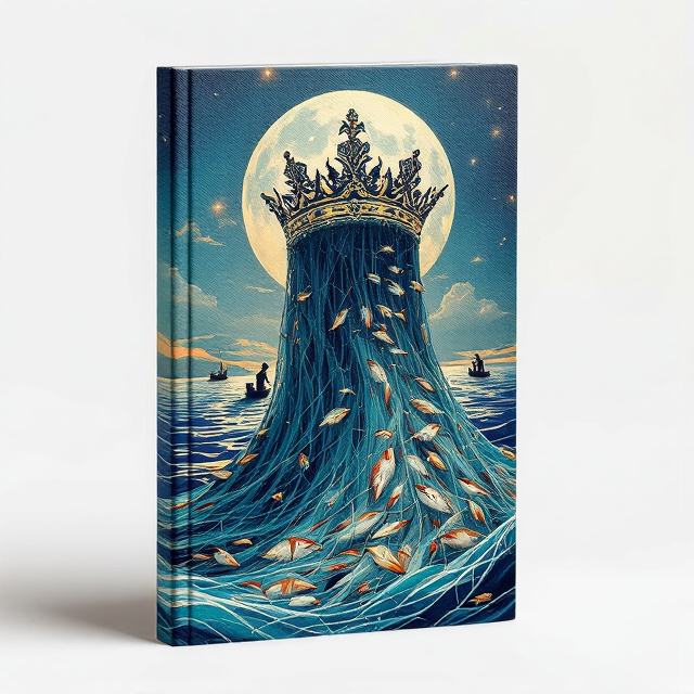 The cover features a crown with intricate queenly details, transformed into a cascading fishing net, symbolizing the blend of royalty and maritime life. The fishing net spills out along the bottom half of the cover, catching a vivid array of fish, while small yet detailed boats float in the background over gentle, oceanic waves. The scene is imbued with a deep ocean-blue palette, accented with subtle golden highlights on the crown. Silhouettes of fishermen working under a glowing twilight sky give the design an atmospheric tone of nostalgia and reverence.