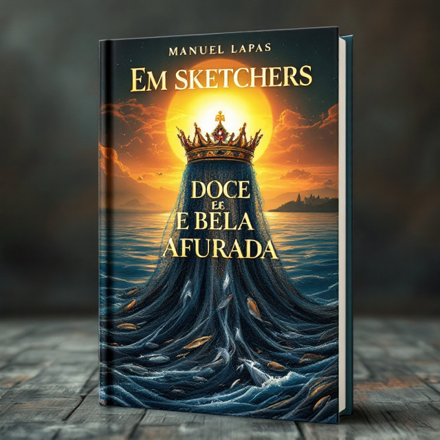 A regal queen's crown resting atop a cascading fishing net that tumbles gracefully towards the ocean below. The net disperses into the waves, intertwined with images of fish, fisher boats, and fishermen at work, captured in motion. A radiant sunset blankets the horizon with shades of gold, contrasting beautifully with the rich ocean blue. A faint silhouette of a fishing village fades in the background to add depth, merging history with emotions of struggle, perseverance, and glory.
