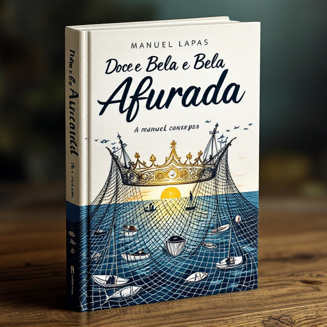 The cover features an intricate sketch-style illustration. A queen’s crown, adorned with fish motifs, sits atop a fishing net that flows downward like a regal veil. Within the fishing net, boats gently float, and a few fishermen can be seen casting nets in a serene ocean setting. The background portrays a deep blue sea transitioning into a soft golden sunset, symbolizing nostalgia, glory, and the emotions tied to Afurada, encapsulating sentiments of honor and longing.