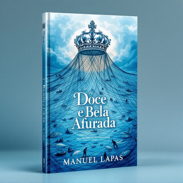 The book cover features a detailed sketch-style design with a queen's crown prominently at the top, from which a woven fishing net cascades downward. The net encapsulates boats, fishermen in action, and various fish. The background is an evocative blue ocean gradient, blending into lighter tones toward the center, evoking nostalgia and depth. Light sketch lines provide a hand-drawn, personal touch, emphasizing emotion and realism.