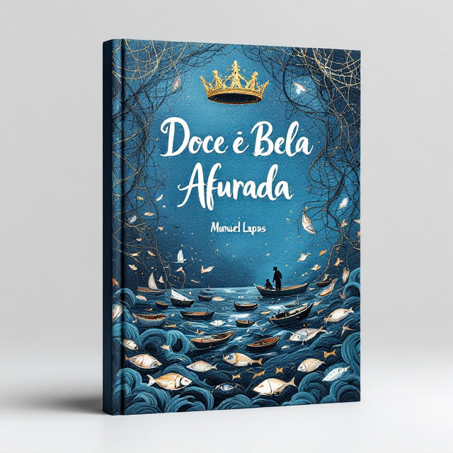 A hand-drawn sketch-style cover features a rich, textured illustration. At the top of the cover is a large, elegant Queen's crown engulfed in subtle shimmering detail. From the crown flows out an intricate fishing net, cascading diagonally across the cover and entangling boats, fishermen, fish, and waves below. Fishing boats scattered across the lower half are depicted in a deep azure palette, surrounded by bold sketches of wriggling fish, creating a lively maritime theme. The background is a gradient of ocean blue, transitioning to subtle lighter hues toward the bottom to evoke depth and serenity.