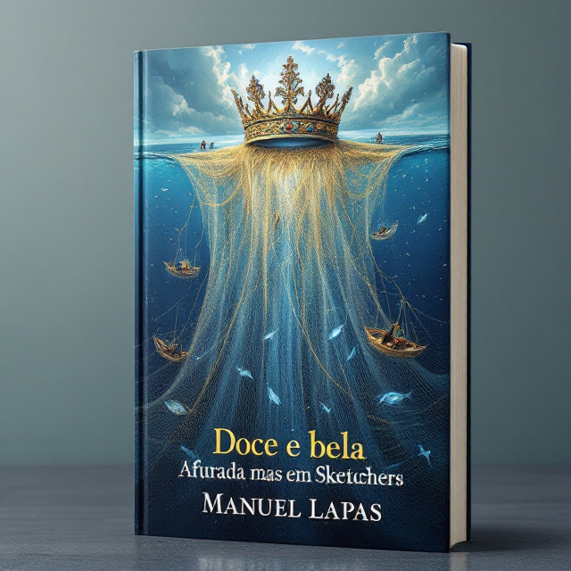 At the top of the cover, a majestic, intricately-detailed Queen’s crown sits centered, symbolizing honor and glory. Below the crown, a sprawling fishing net cascades downward, with its threads interwoven like veins of pain and struggle. Surrounding the fishing net, delicate yet dynamic illustrations of fishing boats on calm waters are depicted, with a few fishermen actively working their nets. In the foreground, shimmering blue fish leap out of the waters, reflecting hope amidst the themes of loss and perseverance. The background is dominated by a gradient of deep ocean blue, transitioning to lighter sky blue tones near the top, evoking a sense of depth and emotion.