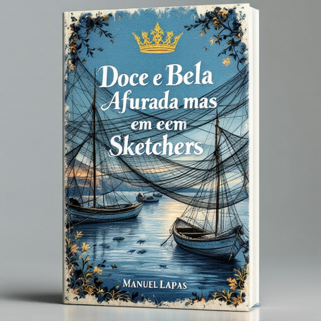 A textured sketch-style illustration of a serene fishing village dominates the cover, drawn in fine detail with a muted blue sea tone as the base color. At the top center of the cover, a regal queen's crown appears in gold, slightly weathered to evoke nostalgia. Entangled in the center, a fishing net sprawls across the design, partially covering the name of the village sketched in vintage style. Boats of modest size sit peacefully at the waterline below, with faint images of humble fishermen casting their nets beside jumping fish in the foreground. The backdrop hints at a glowing sunset that fades into the blue tones of the sea.