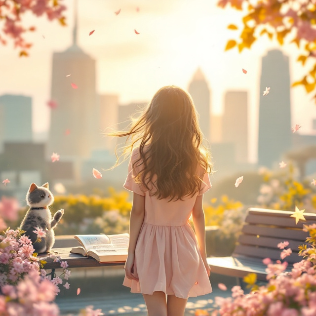 The cover features a young girl with her back turned, dressed in a flowing, casual pastel pink dress. She is standing in a dreamy outdoor cityscape during the late afternoon, golden rays of sunlight filtering through her soft, wavy hair. Small, playful elements like a book with a bookmark, a cat doll perched atop an outdoor bench, and faint whimsical swirls of floating flower petals surround her. The modern city silhouette in the background fades softly into muted pastel tones, maintaining a bright, airy quality. Added elements like pastel stars and tiny hearts are subtly integrated near the edges of the composition for an extra sweet touch.