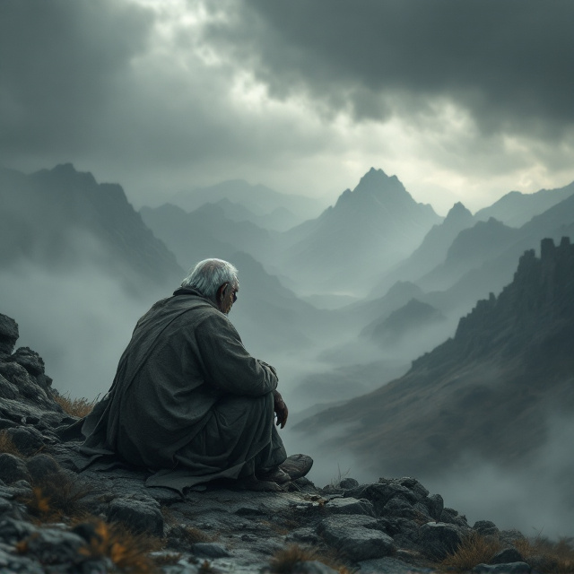 A weathered, elderly man with a deeply wrinkled face sits in solitude at the edge of a crumbling ruin. He gazes toward a desolate mountain range hidden beneath an overcast sky, with muted grays and shadows dominating the palette. The ruins are partially veiled in fog, symbolizing the forgotten past, while faint beams of light break through the clouds, subtly illuminating the landscape.