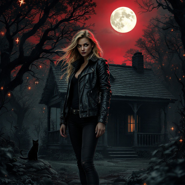 A shadowy, moonlit cabin cut deep into dark, twisted woods. The foreground shows a fierce, beautiful blonde woman dressed in a worn leather jacket and tight jeans, standing confidently in front of the cabin with a soft breeze ruffling her hair. To her side is a black cat perched on a rocking chair on the porch, its glowing eyes matching the intensity of the moon above. In the background, faint glowing magical symbols are etched into the air, blending seamlessly into the night. The sky is painted with a deep red hue fading into black, making the imagery striking yet ominously beautiful. Carved stone textures are subtly integrated into the cabin’s foundation and porch railing to harmonize with the mystical theme.