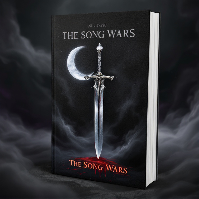 A single, elegantly designed sword stands upright in the center of the cover, its blade shimmering faintly with streaks of moonlight. Surrounding it is a dense layer of rolling black and gray mist that swirls outward to fill the dark canvas. The background is a richly textured black, with faint hints of dark purple swirling like a shadowy vortex to add depth. Blood drips from the tip of the sword onto an unseen surface below, hinting at a somber battle. The atmosphere is heightened by a subtle crescent moon in the top-left corner, casting dim, ethereal rays. A faint echo of skeletal forms or ghostly hands peer out from the mist at the edges, adding touches of foreboding darkness.