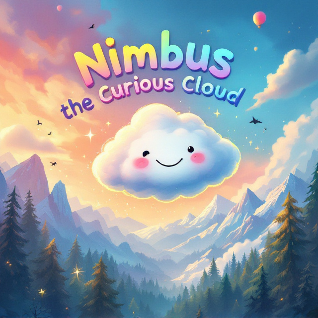 A playful depiction of a fluffy, smiling cloud (Nimbus) with a light golden glow around it, set against a vibrant sky transitioning from a rich sunrise hue to a calming blue gradient. Nimbus has a curious expression as it zips through the scene, dodging tall mountain peaks and swooping over lush forests. Tiny, whimsical sparkles trail behind the cloud, creating a dynamic action-oriented feel. A few birds and hot air balloons in the background contribute to the adventurous theme.