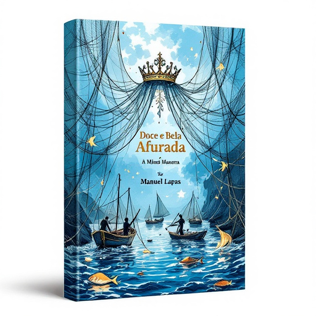 A vivid sketch-style illustration dominated by a serene sea with hues of azul-mar blue. A majestic Queen's crown is placed centrally at the top, intertwining with delicate, hand-drawn fishing nets cascading downward. Below the nets, fishing boats in various sizes are depicted, trailing waves as fishermen are seen casting their nets and hauling in their catch amidst a few scattered, shining fish. The overall design exudes a nostalgic and emotional tone.