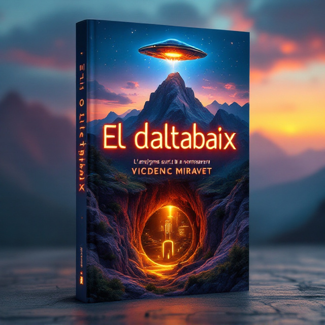 The majestic Montserrat mountain dominates the top half of the cover, rendered in vivid detail with its rugged peaks bathed in the twilight glow. At the base of the mountain, a mysterious glowing outline of a hidden underground entrance faintly illuminates the foreground. Below the surface, visible through a cutaway effect, a futuristic city enclosed in a transparent dome lays nestled in vivid greenery, blending advanced architecture with untouched natural beauty. Above the mountain, a sleek, metallic alien spaceship hovers mid-air, casting an otherworldly golden light onto the landscape. The sky features a dramatic gradient, transitioning from the warm orange hues of sunset to deep, cool blues of night, with scattered glowing stars.