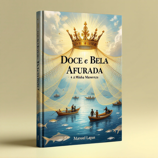 A serene fishing scene with a royal touch a large, radiant queen’s crown positioned prominently at the top center of the cover, shimmering in golden accents. Below, a sprawling fishing net extends, intertwining with illustrations of fishermen actively hauling their catch. Several boats float gracefully on an azure sea background, dotted with detailed depictions of glistening fish.