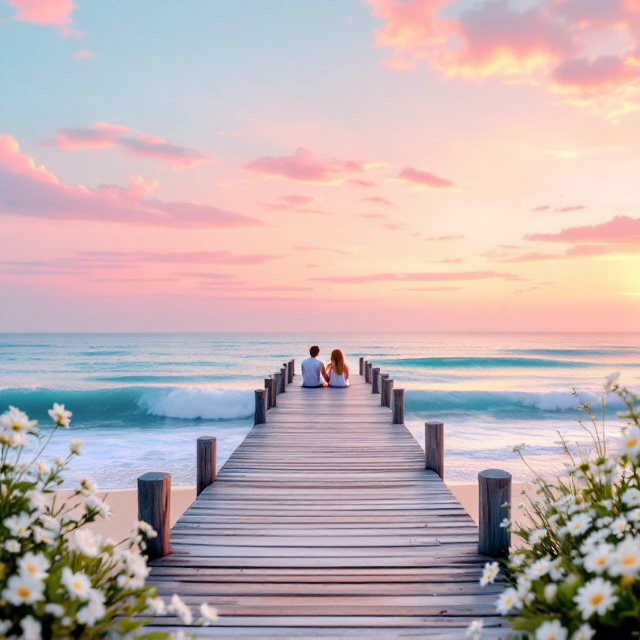 A dreamy summer sunset scene takes center stage. The horizon melts into shades of pale blue, piggy pink, and blond, blending seamlessly into the ocean beneath. A silhouette of a wooden dock stretches into the distance, surrounded by delicate antique white wildflowers. Soft waves lap gently at the base of the dock, while light ivory sand frames the beach. Two teen characters are silhouetted sitting on the dock, creating a heartfelt, romantic visual.