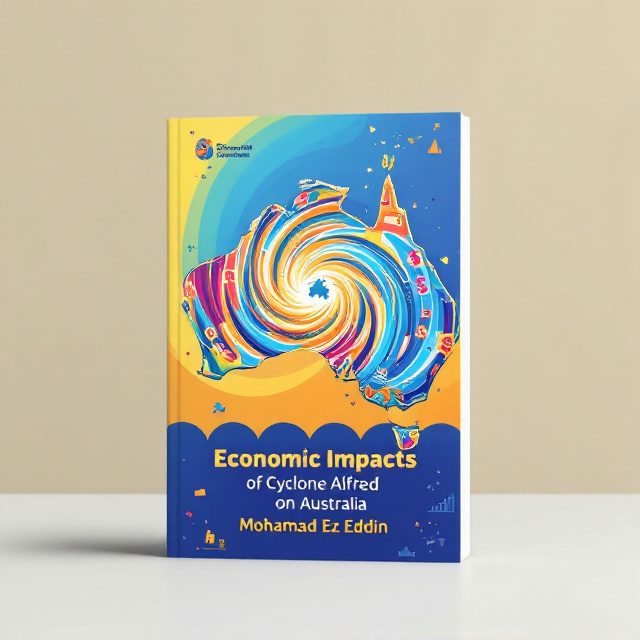 A vibrant, stylized image of Australia at the center, with a cyclone rendered as a colorful, swirling pattern overlaying part of the map. The cyclone pattern is bright and engaging to evoke curiosity and fascination instead of fear. A subtle pattern of dollar symbols is blended with the cyclone, symbolizing economic aspects. The background alternates between a gradient of warm yellows and cool blues, representing both the sunny climate of Australia and the storm's disruptive forces. Small icons, like graphs and economic charts, are faintly incorporated across the bottom half of the cover to complement the economic theme.