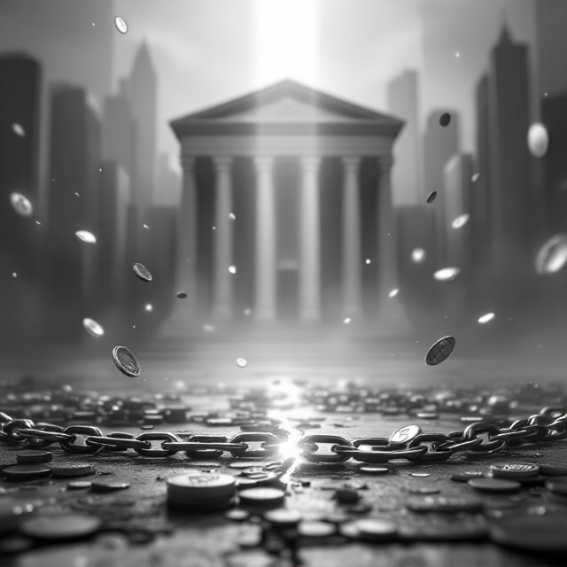 A gray-toned cityscape dominates the background, featuring architectural details of an imposing, monumental bank facade. In the foreground, a broken chain lies prominently, symbolizing disruption and financial liberation. Floating, abstract currency symbols and diminishing coins are subtly scattered throughout the cover, glowing faintly against the gray tones to create a sense of introspection and mystery. A soft beam of light emanates upward from the broken chain, drawing attention to its significance and creating a gradient effect of enlightenment.