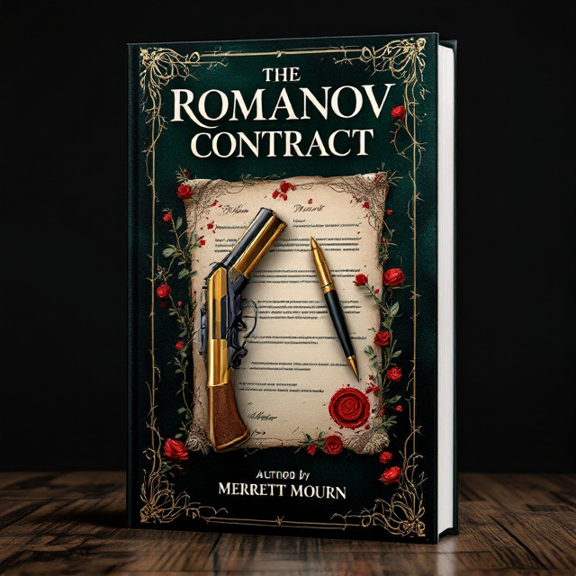 The book cover features a deep, dark green background with an almost velvet texture, evoking a sense of drama and secrecy. In the center of the cover, a golden-plated gun lies diagonally across an intricately designed contract sealed with a blood-red wax stamp. A gold fountain pen rests perched at an angle across the top right corner of the contract. The edges and corners of the cover are adorned with delicate thorny rose vines embossed in gold, with small blood-red roses blooming sporadically around them. A slight hint of red splatter subtly stains the bottom edge of the cover to suggest danger intertwined with romance. Gold accents outline the entire frame of the cover, linking all visual elements into a cohesive whole.