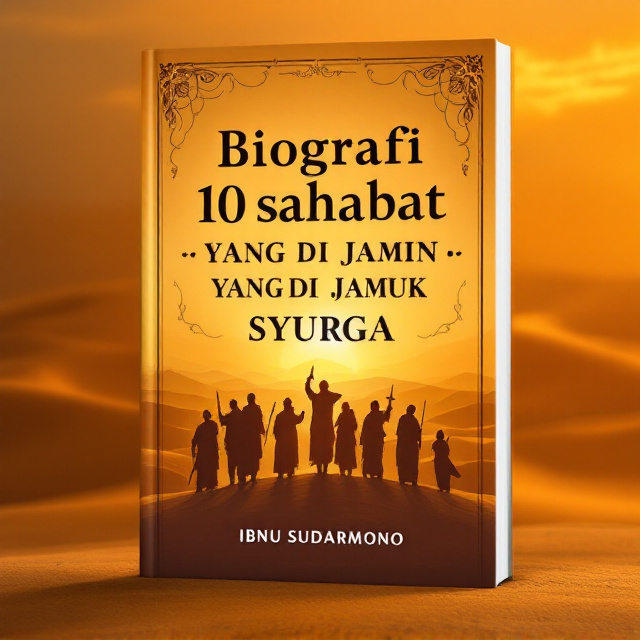 An evocative scene of a golden desert with rolling dunes under a fading amber sunset. In the foreground, shadowy silhouettes of ten Islamic warriors stand, each holding a sword or banner. Subtle Arabic patterns fade softly into the corners of the cover, giving a sense of history and spirituality. The title text is centered prominently above the warriors, while the author's name is placed at the bottom in clean, contrasting text.