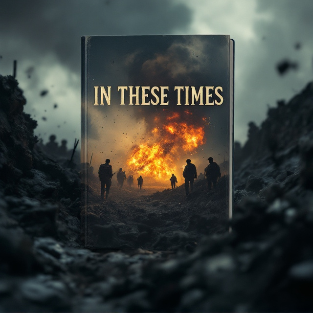 The cover depicts a dark, somber WW2 trench with a looming shell explosion in the distant background. Smoke and debris fill the air, delivering an intense sensation of conflict and turmoil. The foreground shows blurred silhouettes of soldiers, amplifying the haunting mood and emotional depth.
