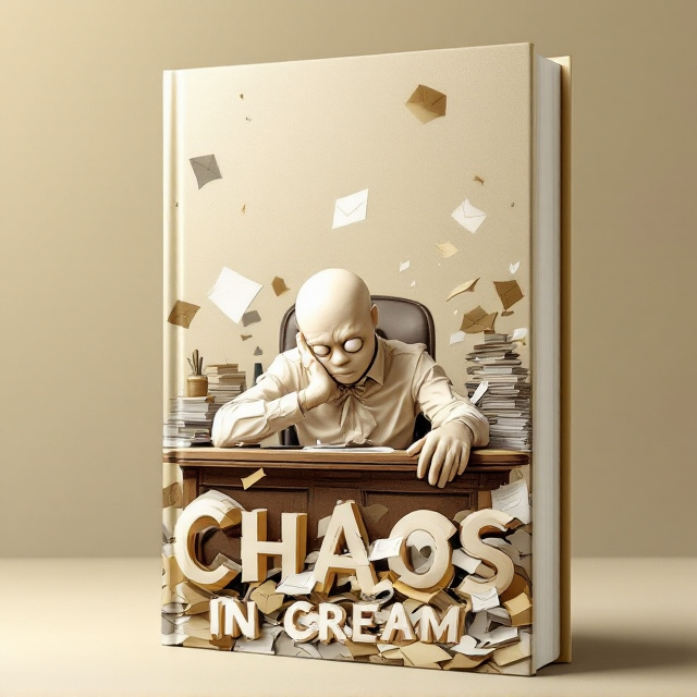 A cream figure is seated at the center of the cover, slumped over a cluttered corporate desk, adorned with a wrinkled shirt and a loosened cravat. The figure's expression is one of exaggerated despair, humorously exaggerated for effect, with wide eyes gazing directly at the reader. Surrounding the figure are whimsical elements like spiraling stacks of papers, floating office supplies, and flying envelopes, spiraling into a mandala-like pattern. The background is a chaotic swirl of muted office tones, creating a sense of movement and disorder.