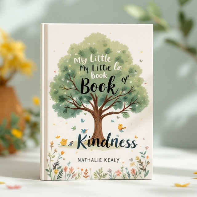 A soft pastel-colored background with a serene illustration of a large oak tree at the center, its branches extending outward and little birds and animals beneath, symbolizing kindness and harmony with nature. Surrounding the tree are small, whimsical elements like flowers, butterflies, and gently glowing fireflies, creating warmth.