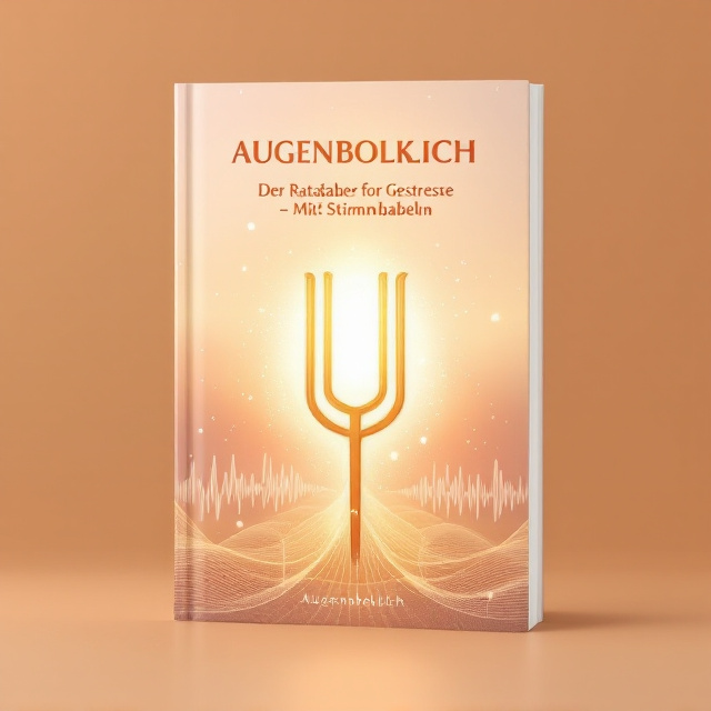 The cover features an abstract representation of a tuning fork in the center, its prongs emitting soft glowing waves of golden light. The background blends warm hues of orange, peach, and soft pink, resembling a calm sunset. Surrounding the tuning fork are subtle, floating white particles suggesting peace and harmony. The lower portion includes minimalist graphical lines representing sound waves, blending into the background gradients.