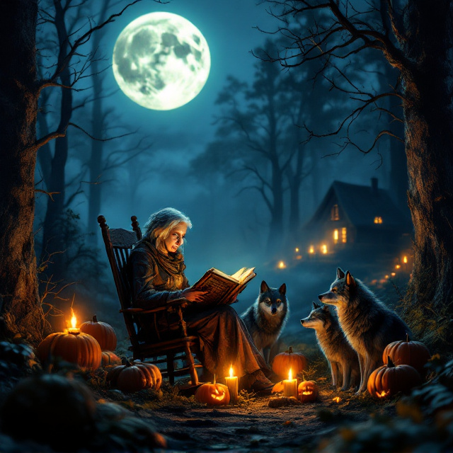An aged old lady is seated on a rocking chair under a large, glowing moon in the middle of a dense, shadowy forest. She is holding an ancient, weathered book as she reads aloud to a group of wolves sitting attentively around her. Surrounding her, pumpkins illuminated by the faint glow of a few flickering candles create an eerie, mysterious ambiance. In the background, a little cabin with dim light emanating from the windows is barely visible through the fog. The moonlight casts a dramatic shimmer across the entire scene, enhancing the suspenseful atmosphere.