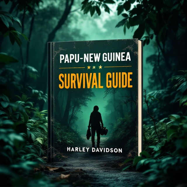 A lush, dense forest in the background, showcasing the wild and untamed nature of Papua New Guinea. A rugged dirt path winds through the forest, hinting at exploration and survival. A silhouette of a person holding essential gear stands in the foreground, evoking resilience and determination. Exotic wildlife, faintly visible, lurks in the shadows of the trees to add an aura of suspense. The dark green hue dominates the background and foreground elements, while subtle accents of earth tones (browns and deep yellows) create contrast.
