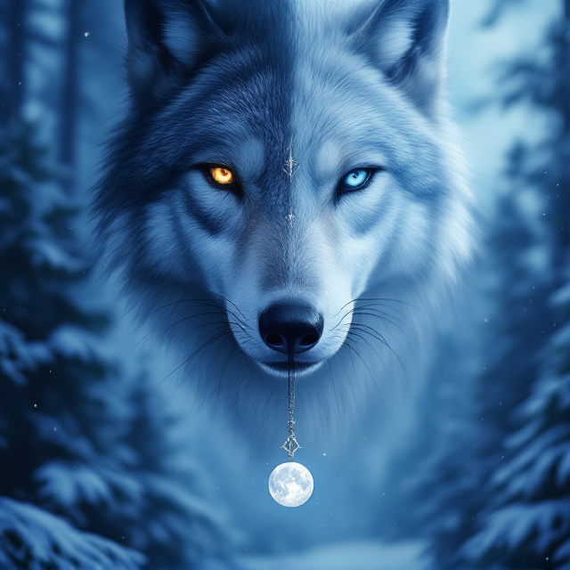 A close-up view of a face split seamlessly down the middle, one half human and the other half wolf. The transition between the human and wolf features appears smooth and ethereal, as if blending with a winter mist. The background portrays a twilight fir forest bathed in soft moonlight, the trees partially obscured by a gentle snowfall. A silver-threaded amulet with an engraved moonlit rune hangs delicately below the face, catching the moon's faint glow. The cold blue and silvery tones reflect both the mystery and the serenity of the scene.