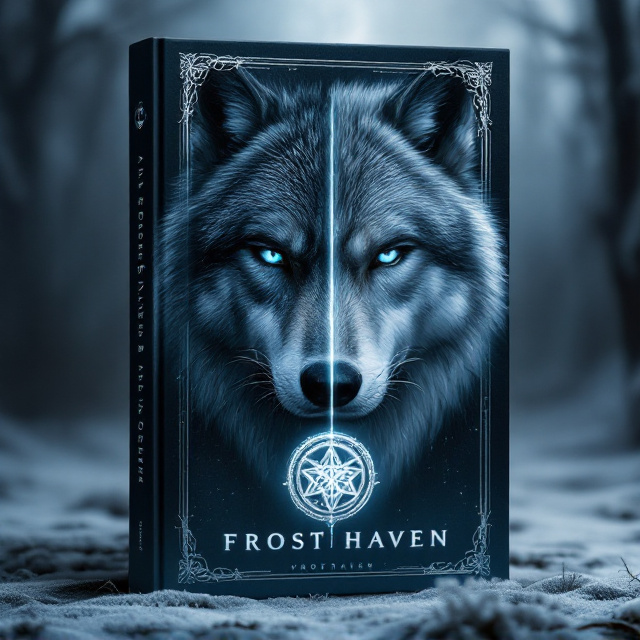 The cover showcases a dark and atmospheric design. A male face is split vertically down the center—on one side, his human features with piercing, intense blue eyes framed by shadows; on the other, a wolf’s face fading into view with fur brushed in silver tones. The blending of the two faces is seamless and ethereal. Beneath the dual face rests a glowing silver amulet engraved with delicate runes. The background consists of faint silhouettes of frosted trees and mist, with subtle gradients of deep blue and gray. A soft silver moon illuminates the entire scene from above, casting a mysterious glow.