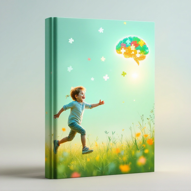A joyful child is depicted mid-motion, running through a vibrant meadow with soft gradient tones of green and blue filling the background, representing growth and peace. The child's figure is illuminated with subtle soft light, giving them a warm and hopeful aura. Puzzles with vibrant yet calming multicolors subtly float in the air, transitioning into a creatively stylized, glowing brain near the upper corner. Splashes of soft orange accentuate the puzzle pieces and parts of the meadow, effortlessly symbolizing energy and diversity. A sense of calm and structure is maintained as the elements blend seamlessly, giving the cover a flowing and organized appearance.