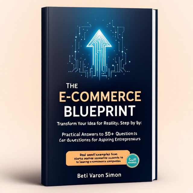 A dark navy background with subtle gradient tones to create depth and professionalism. At the center, a bold digital-style upward arrow icon emerges, symbolizing growth and transformation. The arrow is overlaid with a delicate circuit board pattern, hinting at the technology-driven nature of e-commerce. The subtitle, "Practical Answers to 50+ Questions for Aspiring Entrepreneurs," is enclosed within a sleek, modern box underneath the title for emphasis. A small badge on the bottom right corner states, "Real-world examples from startup scenarios to leading e-commerce companies," using a vibrant contrast color like teal for visibility.