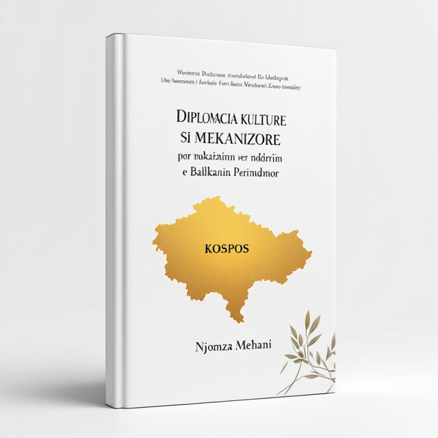 A white background with a semi-transparent illustration of the Western Balkans map, prominently highlighting Kosovo in vibrant gold. Subtle accents of light gray and blue are used to outline neighboring countries, emphasizing a sense of regional harmony. A faint olive branch motif weaves through the bottom edge of the map, symbolizing diplomacy and peace. The title takes the center stage and is layered over the map, creating visual hierarchy. The author's name is positioned at the bottom in a clean, minimalistic style.
